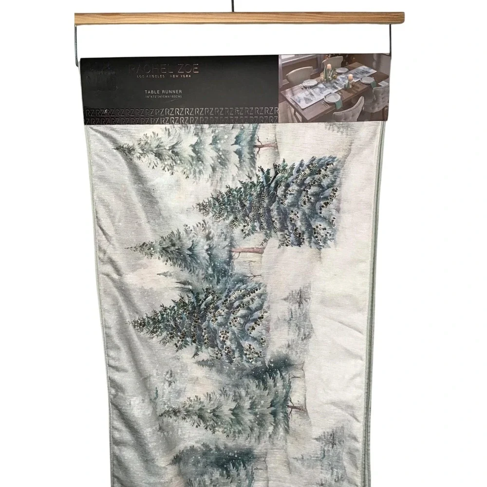 Rachel Zoe Winter Forest Silver Tree Evergreens Table Runner 16x72 Holiday Decor
